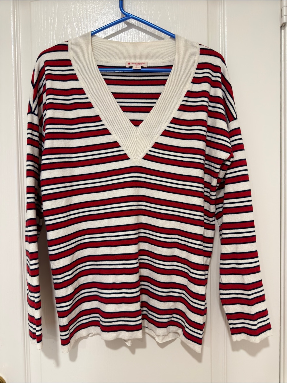 Brooks Brothers Red Fleece Striped V-Neck Sweater Large Preppy